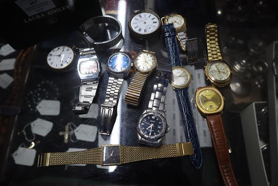 A large collection of assorted ladys and gentlemans wrist watches including Roamer, Rotary and Avia and two pocket watches.